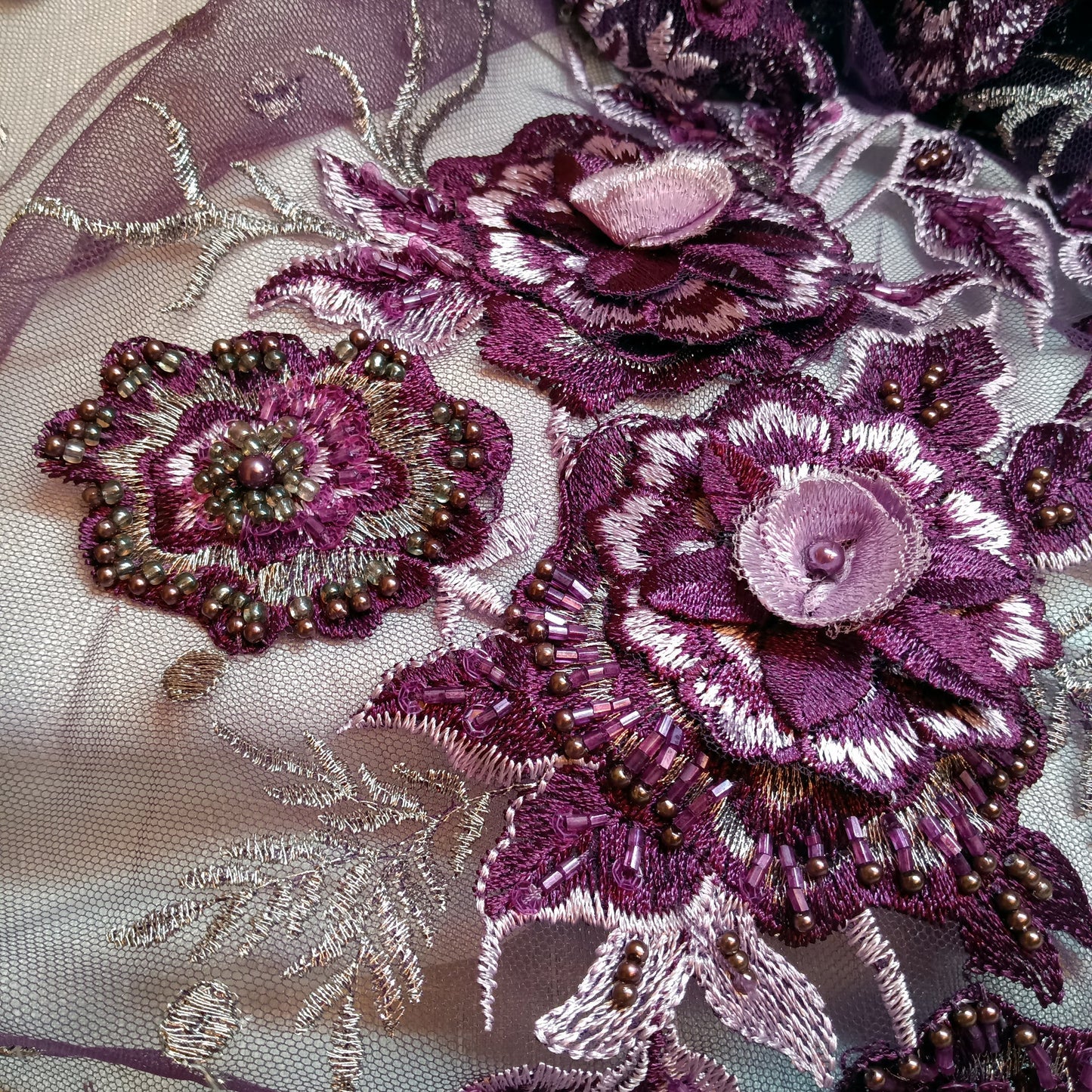 Beaded 3D Floral Lace Fabric Embroidered on 100% Polyester Net Mesh | Lace USA - GD-416-1