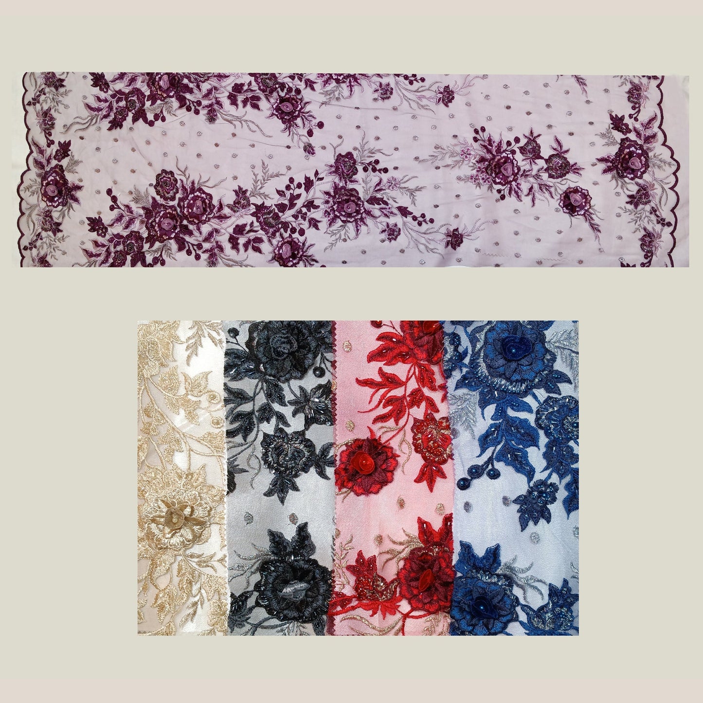 Beaded 3D Floral Lace Fabric Embroidered on 100% Polyester Net Mesh | Lace USA - GD-416-2