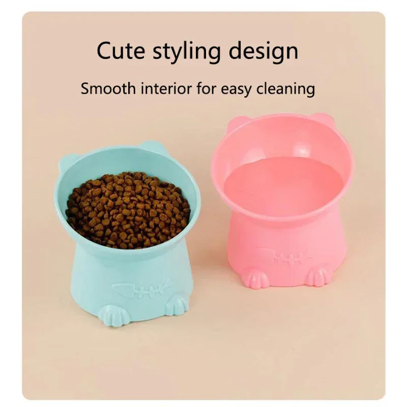 Pet Bowl Water Food Feeding Dish Plate Pet Supplies Cartoon Cat Shape Tilted Anti-overturn Raised Base Protect Cervical Spine