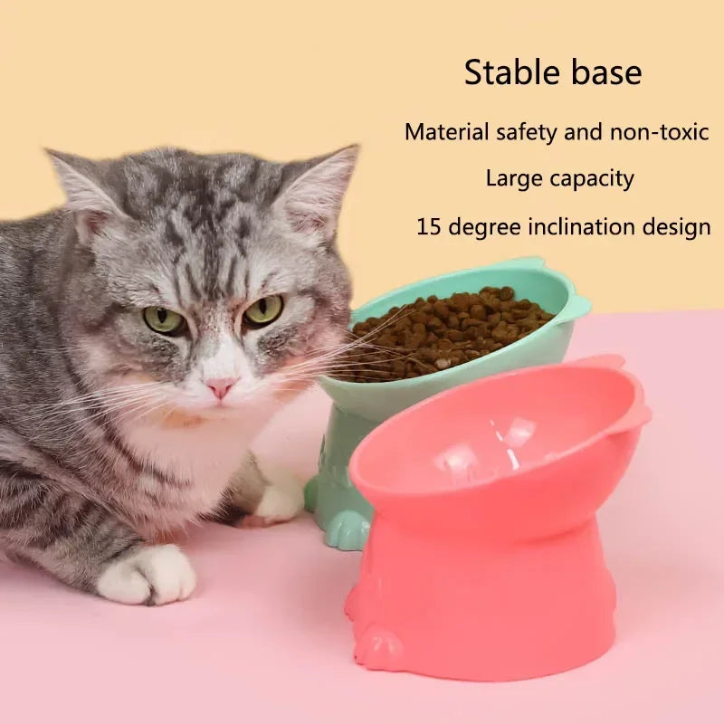 Pet Bowl Water Food Feeding Dish Plate Pet Supplies Cartoon Cat Shape Tilted Anti-overturn Raised Base Protect Cervical Spine