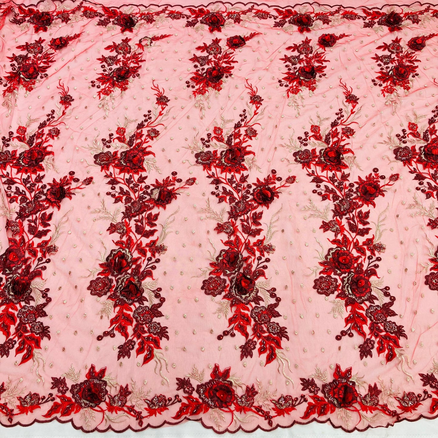 Beaded 3D Floral Lace Fabric Embroidered on 100% Polyester Net Mesh | Lace USA - GD-416-8